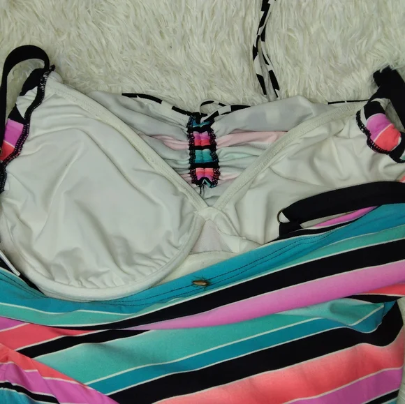 Coco Reef Front Tie Striped Multicolor Takini Swimsuit Top Bra Size 38D - Picture 6 of 9